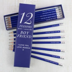Personalised ‘12 Reasons’ Box And 12 Blue HB Pencils